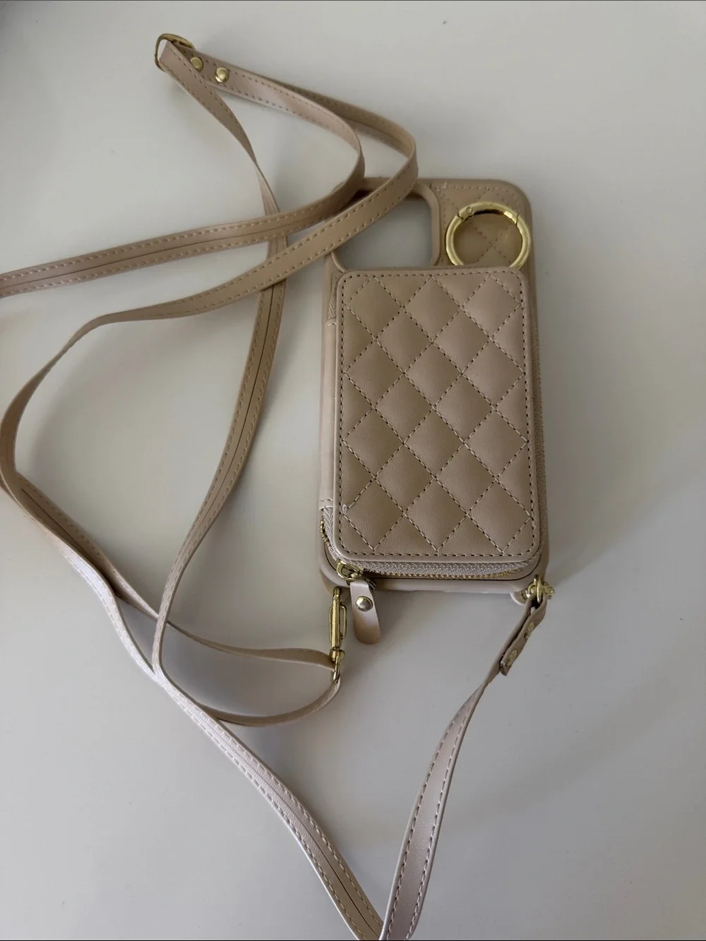 Quilted Crossbody Phone Bag in Beige with Gold Hardware iPhone 12